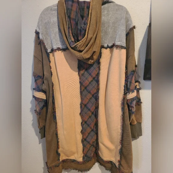 New Oli & Hali Oversized Patchwork Mineral Wash Hoodie with Plaid Accents Sz M/L - Picture 12 of 16
